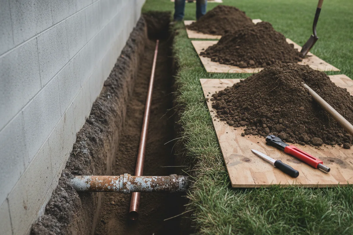 Excavated water line trench during Water Heater Repair in Makawao